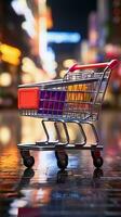 Retail perspective Shopping cart in supermarket, set against lively store bokeh backdrop Vertical Mobile Wallpaper AI Generated photo