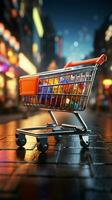 Retail rendezvous Shopping cart amidst blurred store bokeh, symbolizing dynamic shopping experience Vertical Mobile Wallpaper AI Generated photo