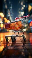 Retail rendezvous Shopping cart amidst blurred store bokeh, symbolizing dynamic shopping experience Vertical Mobile Wallpaper AI Generated photo