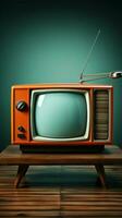 Retro elegance, old orange TV on wood table contrasts mint blue backdrop beautifully Vertical Mobile Wallpaper AI Generated photo