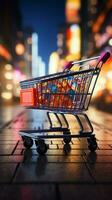 Retail rendezvous Shopping cart amidst blurred store bokeh, symbolizing dynamic shopping experience Vertical Mobile Wallpaper AI Generated photo