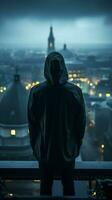 Rooftop scene man in hood, face obscured, copy space enhancing mysterious ambiance Vertical Mobile Wallpaper AI Generated photo