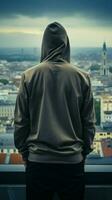 Rooftop ambiance hooded man with hidden face, copy space intensifying intrigue Vertical Mobile Wallpaper AI Generated photo