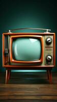 Retro elegance, old orange TV on wood table contrasts mint blue backdrop beautifully Vertical Mobile Wallpaper AI Generated photo