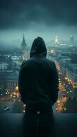 Rooftop scene man in hood, face obscured, copy space enhancing mysterious ambiance Vertical Mobile Wallpaper AI Generated photo