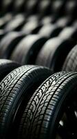 Rubber gallery Close up of bulk car tires in shop, highlighting options Vertical Mobile Wallpaper AI Generated photo