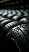 Rubber gallery Close up of bulk car tires in shop, highlighting options Vertical Mobile Wallpaper AI Generated photo