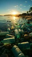 Sandy expanse marred by discarded bottles and trash, showcasing beach pollutions harm Vertical Mobile Wallpaper AI Generated photo