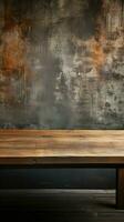 Rustic wood table surface complemented with grunge concrete textured wall Vertical Mobile Wallpaper AI Generated photo