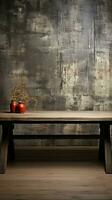 Rustic wood table surface complemented with grunge concrete textured wall Vertical Mobile Wallpaper AI Generated photo