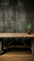 Rustic wood table surface complemented with grunge concrete textured wall Vertical Mobile Wallpaper AI Generated photo