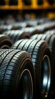 Shop display close up of bulk car tires stacked together Vertical Mobile Wallpaper AI Generated photo