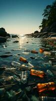 Shoreline cluttered with discarded items, notably plastic bottles, exemplifying beach pollution Vertical Mobile Wallpaper AI Generated photo