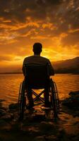 Silhouetted wheelchair user, against a vibrant sunset, epitomizing resilience and strength Vertical Mobile Wallpaper AI Generated photo