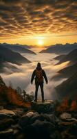 Slim backpacker revels in foggy mountain panorama, arms raised against vivid morning sky Vertical Mobile Wallpaper AI Generated photo