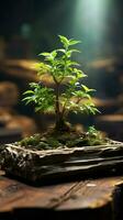 Small tree stands proudly on wooden surface, a slice of wilderness indoors Vertical Mobile Wallpaper AI Generated photo