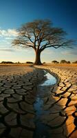 Solitary tree grows on cracked land, exemplifying climate changes drought driven consequences Vertical Mobile Wallpaper AI Generated photo
