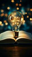 Spark of ideas Glowing bulb over book symbolizes inspiration, innovation, and empowered learning Vertical Mobile Wallpaper AI Generated photo