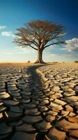 Struggling tree on dry soil underscores climate changes toll water scarcity and drought Vertical Mobile Wallpaper AI Generated photo