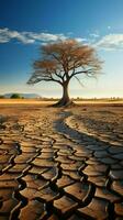 Struggling tree on dry soil underscores climate changes toll water scarcity and drought Vertical Mobile Wallpaper AI Generated photo