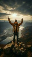 cumbre elación, exitoso caminante abraza cima de la montaña vista, calificación un personal triunfo vertical móvil fondo de pantalla ai generado foto