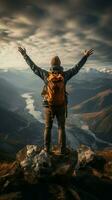 cumbre elación, exitoso caminante abraza cima de la montaña vista, calificación un personal triunfo vertical móvil fondo de pantalla ai generado foto