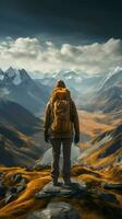 Summit serenity, hiker on mountain expedition, appreciating panoramic view from behind Vertical Mobile Wallpaper AI Generated photo