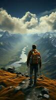 Summit serenity, hiker on mountain expedition, appreciating panoramic view from behind Vertical Mobile Wallpaper AI Generated photo