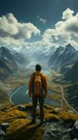 Summit serenity, hiker on mountain expedition, appreciating panoramic view from behind Vertical Mobile Wallpaper AI Generated photo