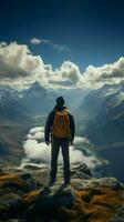 Summit serenity, hiker on mountain expedition, appreciating panoramic view from behind Vertical Mobile Wallpaper AI Generated photo