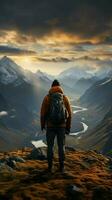 Summit serenity, hiker on mountain expedition, appreciating panoramic view from behind Vertical Mobile Wallpaper AI Generated photo