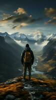 Summit serenity, hiker on mountain expedition, appreciating panoramic view from behind Vertical Mobile Wallpaper AI Generated photo