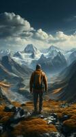 Summit serenity, hiker on mountain expedition, appreciating panoramic view from behind Vertical Mobile Wallpaper AI Generated photo