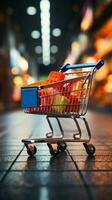 Supermarket spree Shopping cart against blurred store bokeh backdrop captures retail ambiance Vertical Mobile Wallpaper AI Generated photo