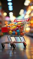 Supermarket spree Shopping cart against blurred store bokeh backdrop captures retail ambiance Vertical Mobile Wallpaper AI Generated photo