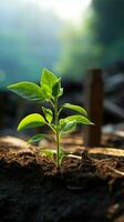 minúsculo planta prospera en madera superficie, un aliento de Fresco naturaleza adentro vertical móvil fondo de pantalla ai generado foto