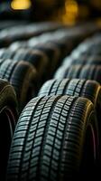 Tire emporium Close up of bulk car tires in shop, showcasing variety Vertical Mobile Wallpaper AI Generated photo