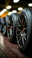 Tire emporium Close up of bulk car tires in shop, showcasing variety Vertical Mobile Wallpaper AI Generated photo