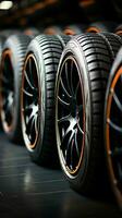 Tire emporium Close up of bulk car tires in shop, showcasing variety Vertical Mobile Wallpaper AI Generated photo