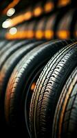 Tire emporium Close up of bulk car tires in shop, showcasing variety Vertical Mobile Wallpaper AI Generated photo