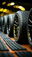 Tire emporium Close up of bulk car tires in shop, showcasing variety Vertical Mobile Wallpaper AI Generated photo