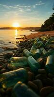 Trash ridden beachscape, plastic bottles accentuating the impact of coastal pollution Vertical Mobile Wallpaper AI Generated photo