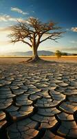 Tree stands in cracked earth, depicting climate crisis, water scarcity from global warming Vertical Mobile Wallpaper AI Generated photo