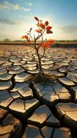 Tree flourishes on cracked ground, signifying water shortage due to climate change Vertical Mobile Wallpaper AI Generated photo