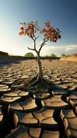 Tree stands in cracked earth, depicting climate crisis, water scarcity from global warming Vertical Mobile Wallpaper AI Generated photo