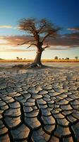 Tree stands in cracked earth, depicting climate crisis, water scarcity from global warming Vertical Mobile Wallpaper AI Generated photo