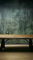 Unoccupied oak table, embraces grunge concrete wall backdrop, a tale of textures Vertical Mobile Wallpaper AI Generated photo