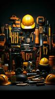 Tribute to laborers Array of construction tools showcased on black backdrop, embracing Labor Day Vertical Mobile Wallpaper AI Generated photo