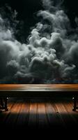 Vacant wood table, swirling smoke on dark backdrop, a canvas for product presentation Vertical Mobile Wallpaper AI Generated photo