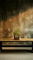 vacante madera mesa, rústico calor alinea con urbano hormigón muro, visual narrativa vertical móvil fondo de pantalla ai generado foto